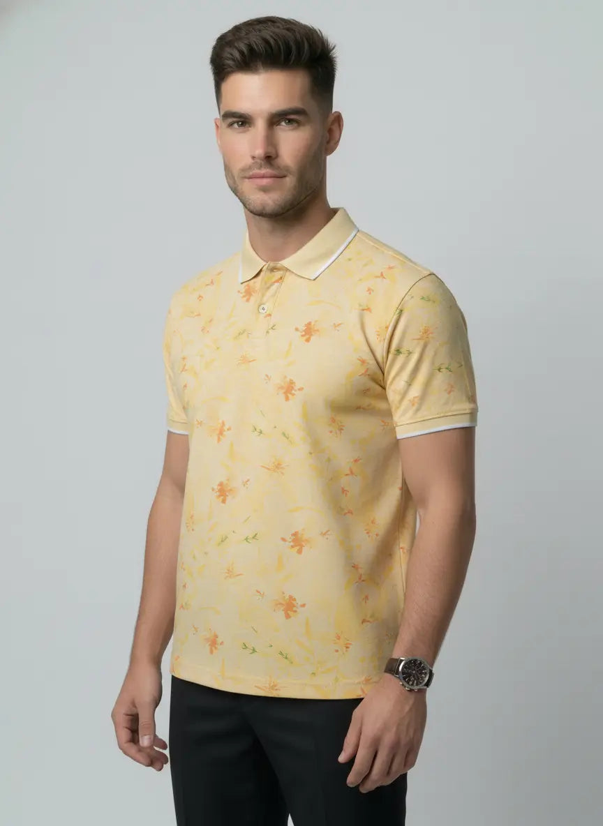 YELLOW POLO NECK AOP PRINT T-SHIRT Tim Paris