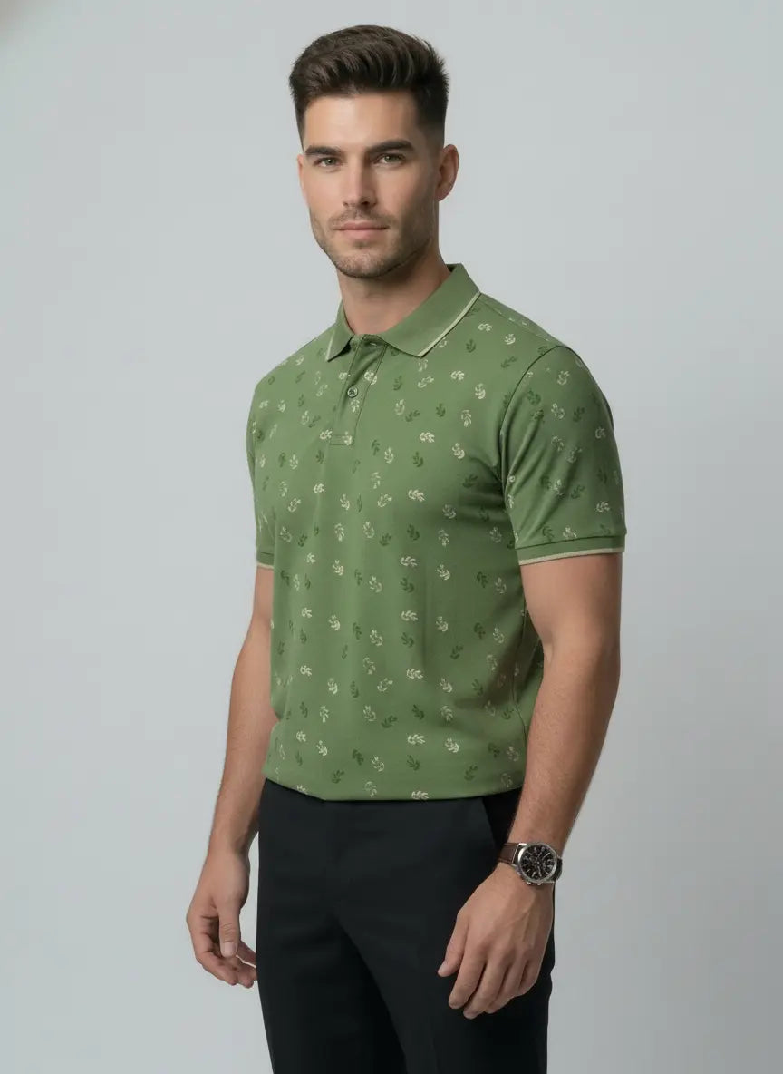 Green Polo Neck Aop Print T-Shirt Tim Paris