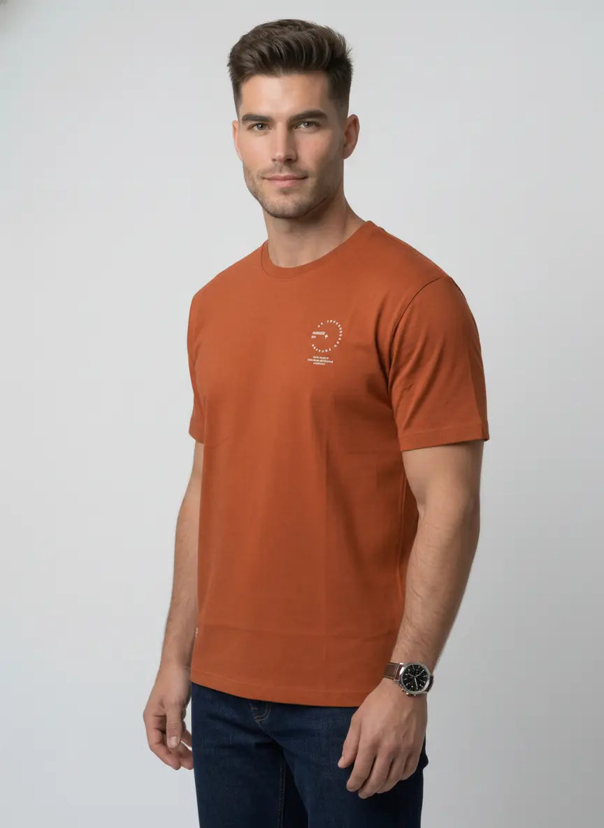 Orange Round Neck Print T-Shirt Tim Paris