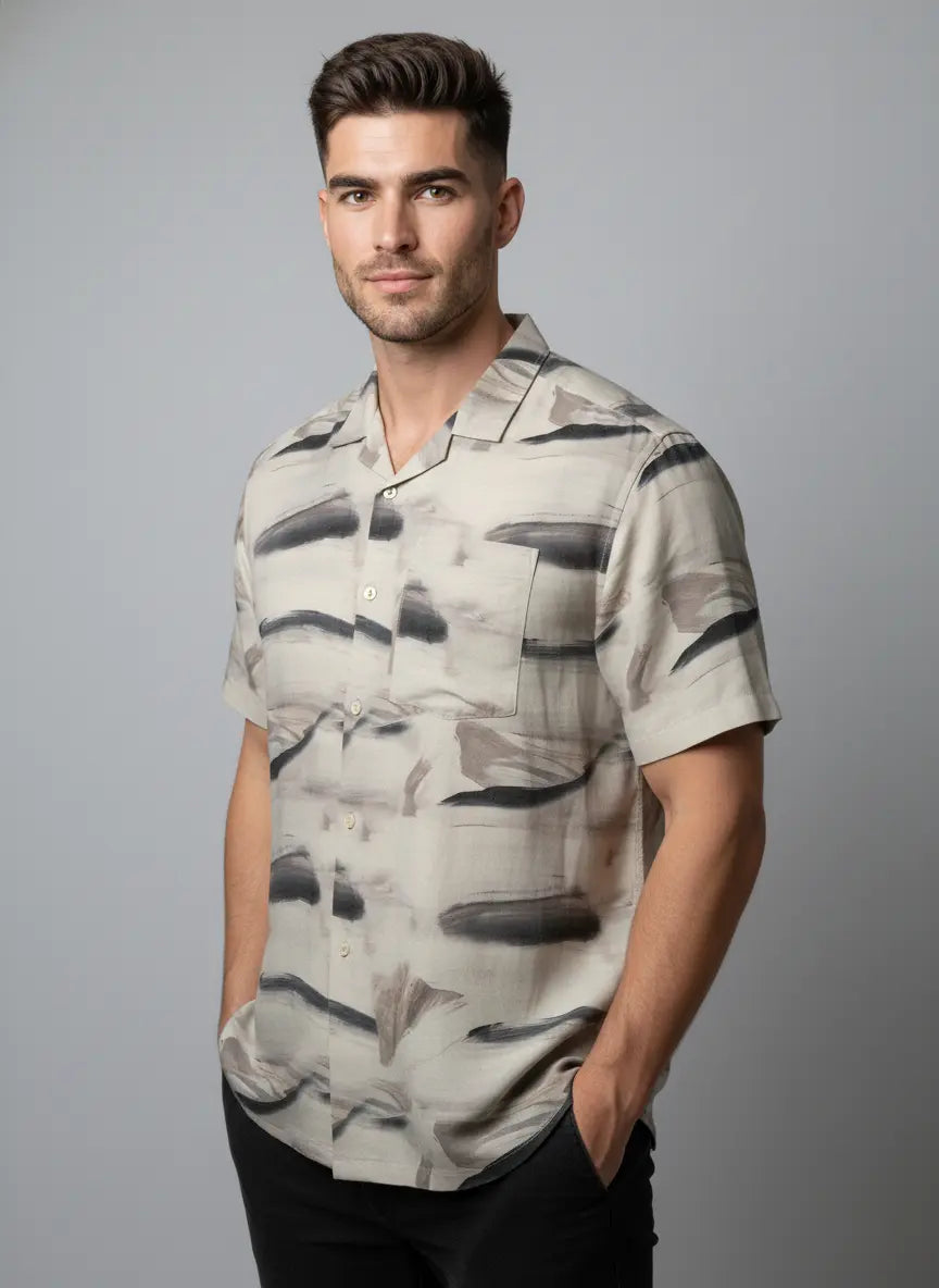 Beige Half Sleeve Printed Shirt Tim Paris