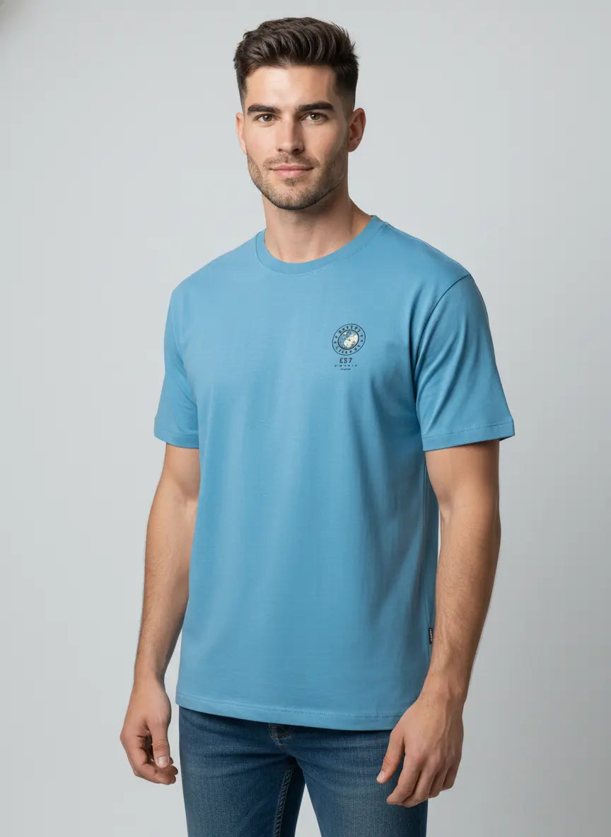 Blue Round Neck Print T-Shirt Tim Paris