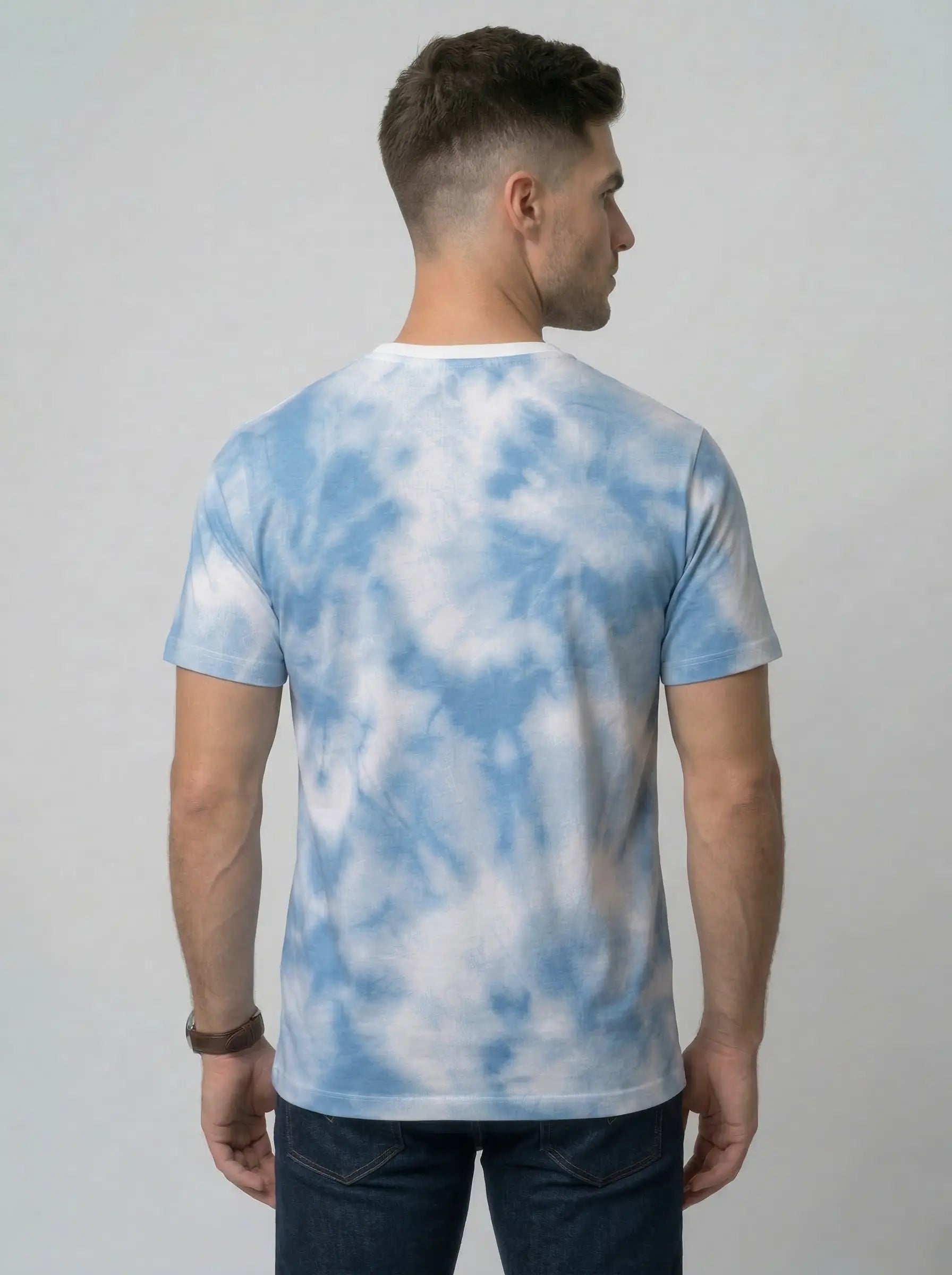 SKY BLUE ROUND NECK AOP PRINT T-SHIRT Tim Paris
