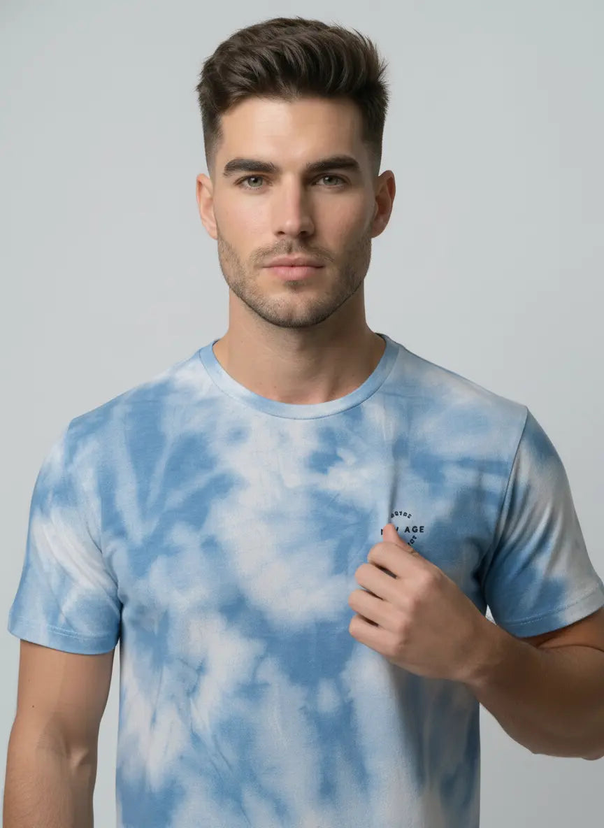 SKY BLUE ROUND NECK AOP PRINT T-SHIRT Tim Paris