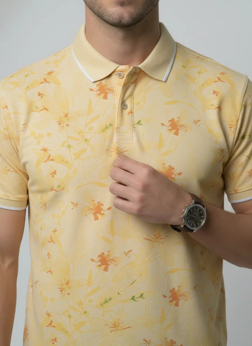 YELLOW POLO NECK AOP PRINT T-SHIRT Tim Paris