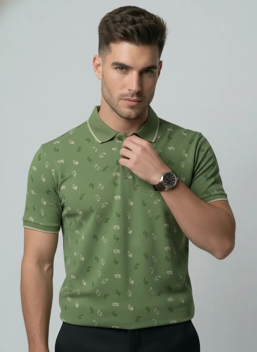 Green Polo Neck Aop Print T-Shirt Tim Paris