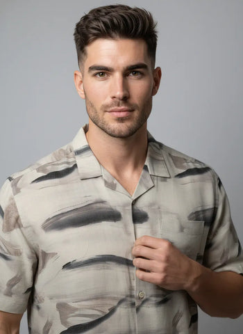 Beige Half Sleeve Printed Shirt Tim Paris